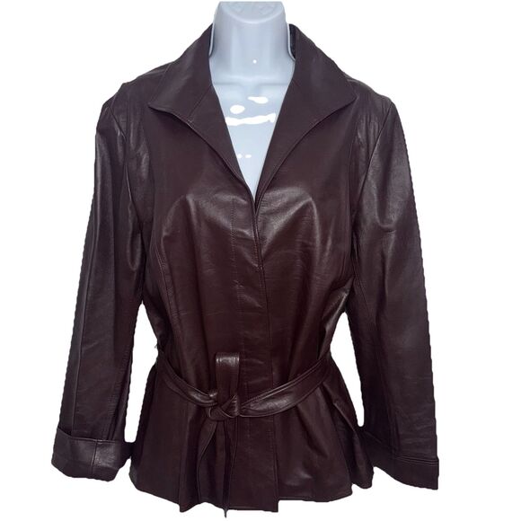 Lafayette 148 Burgundy Soft Leather Belted Jacket Fitted Buttons Collar Women 14 - Picture 1 of 11